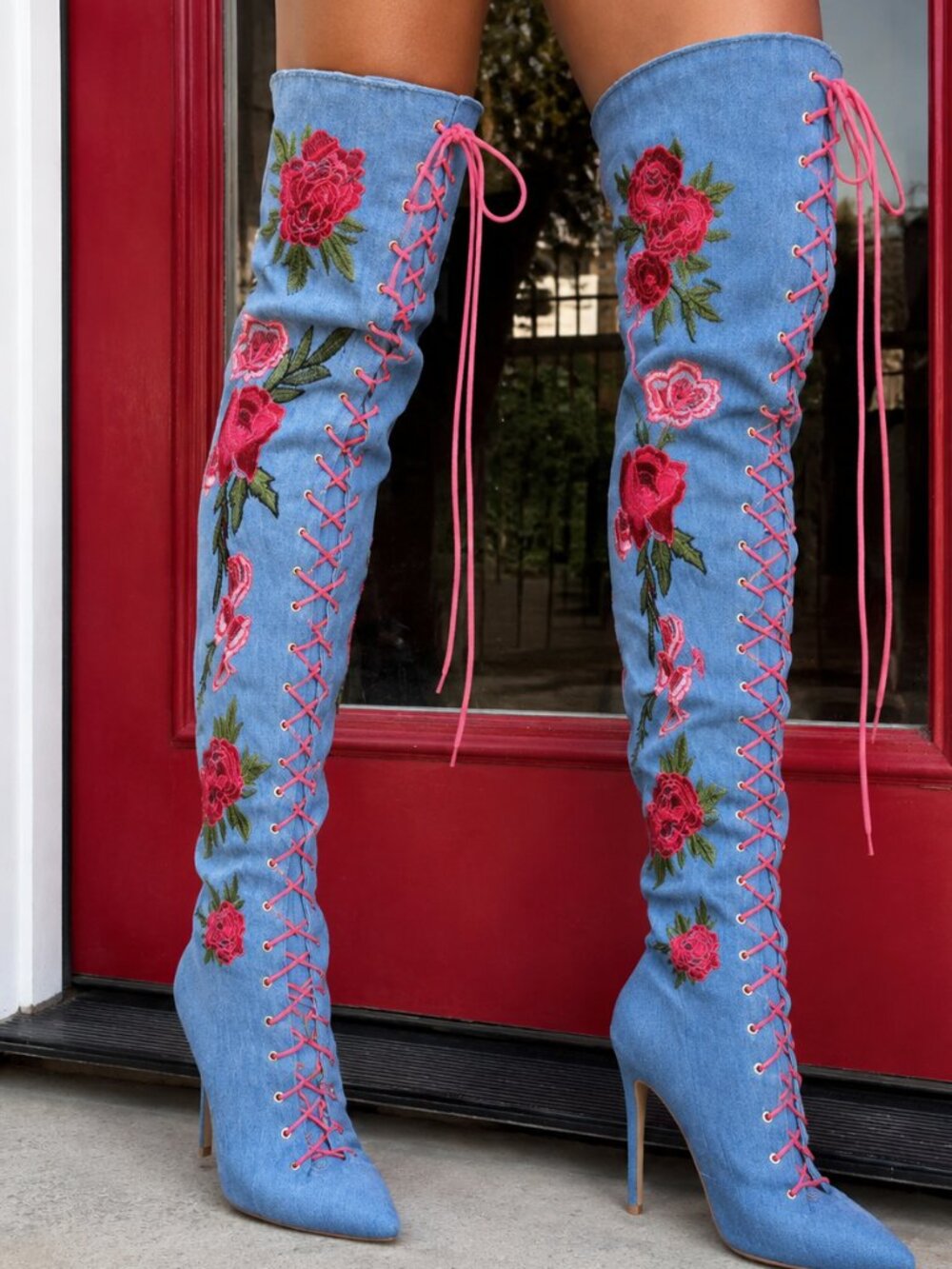 Blue Jeans and Rose Thigh High Boots